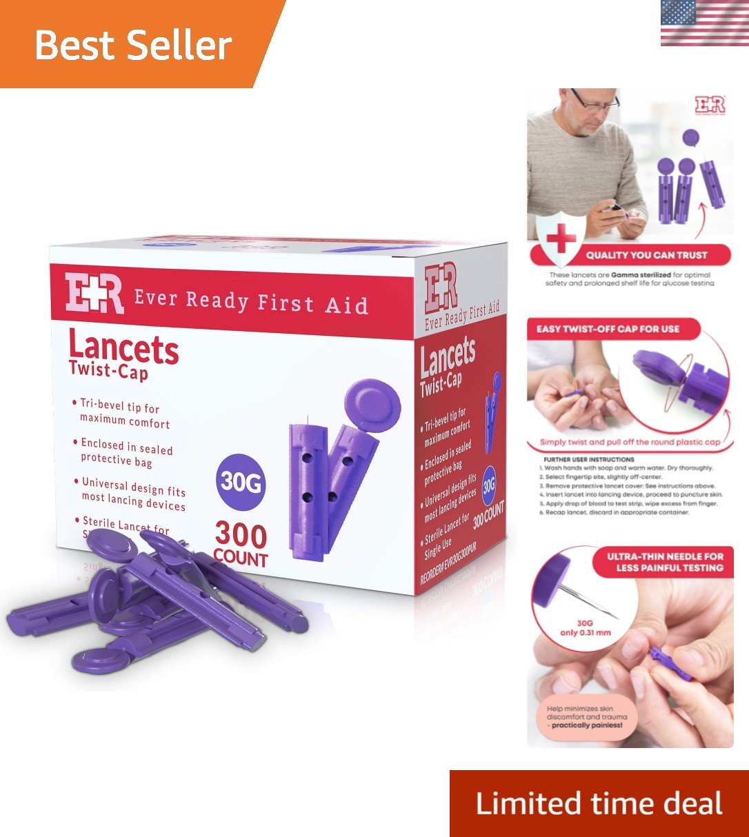 Sterile Twist-Cap Lancets 30G Purple - 300 Count