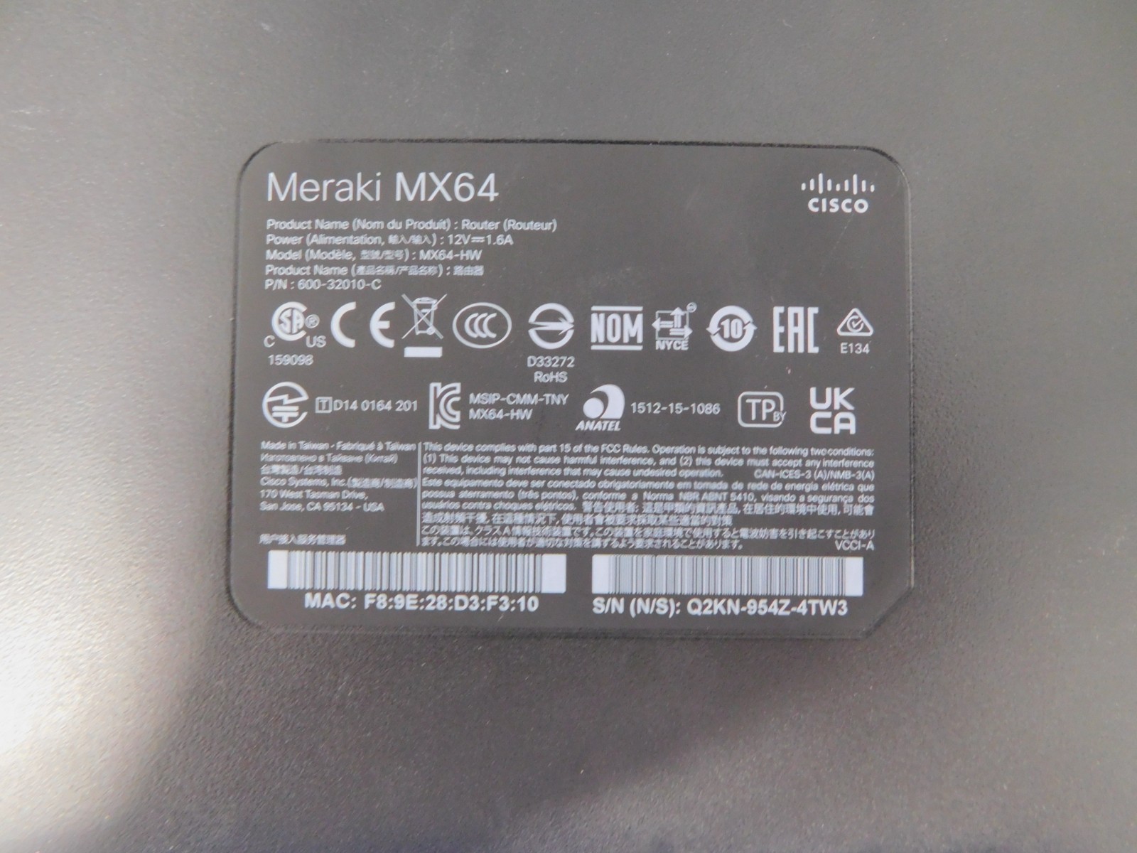 Cisco Meraki MX64W Cloud Managed Firewall Security Appliance