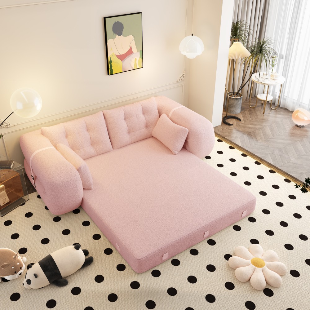 Pink 78.7" Foldable Sofa Bed, Teddy Fabric, Living Room Lounge Chair Guest Bed