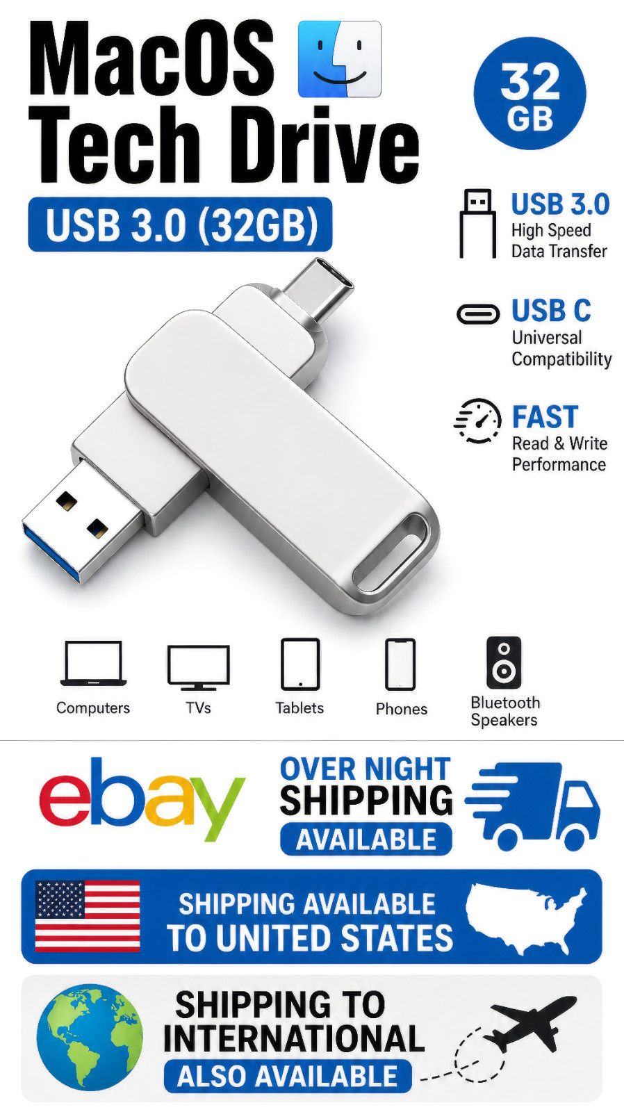|Mac OS Tech Support Drive – Dual Connection USB 3.0 & USB-C| Easy Instructions