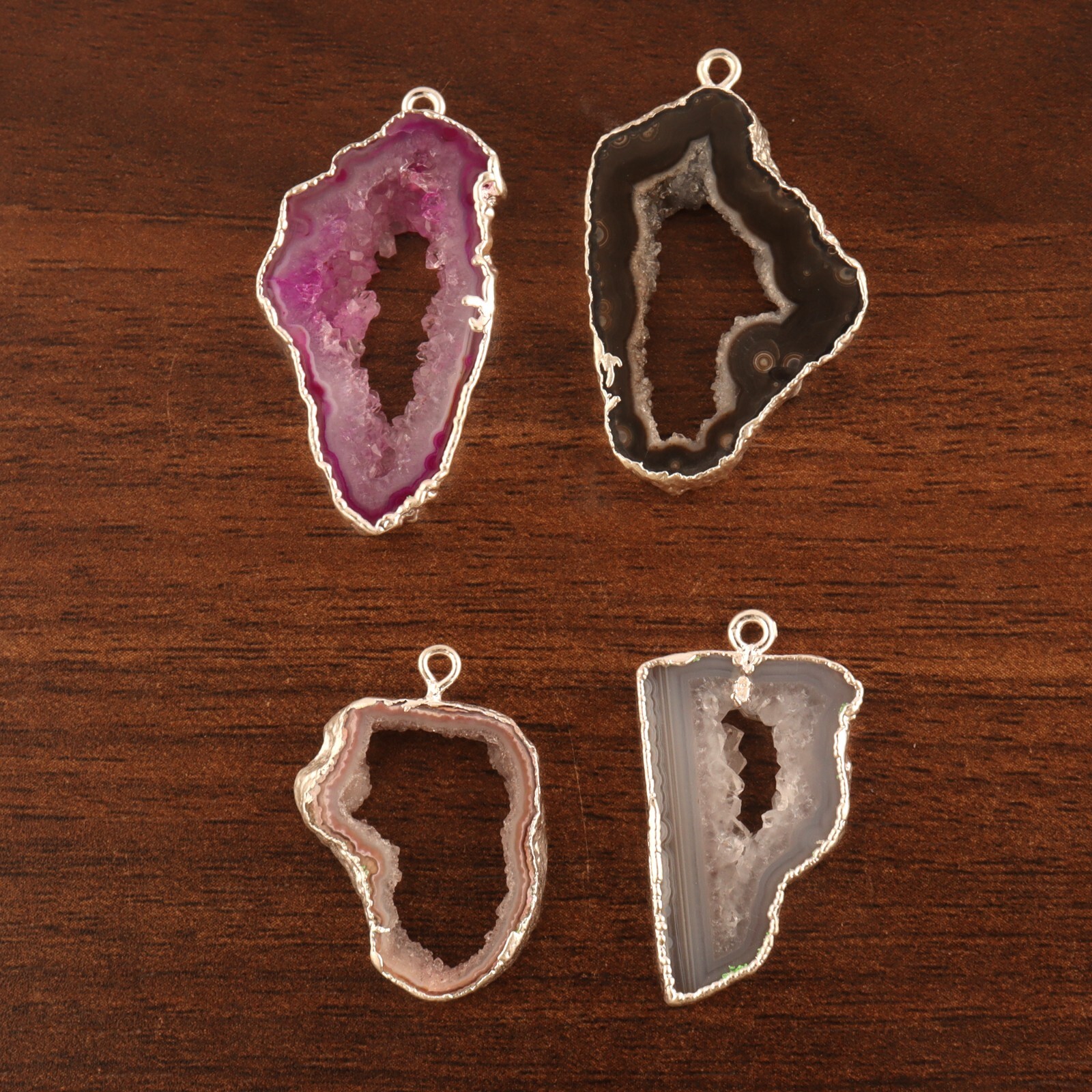 Antique Geode Slice Druzy Silver Electroplated DIY Connectors Supply Lot 4 Pcs