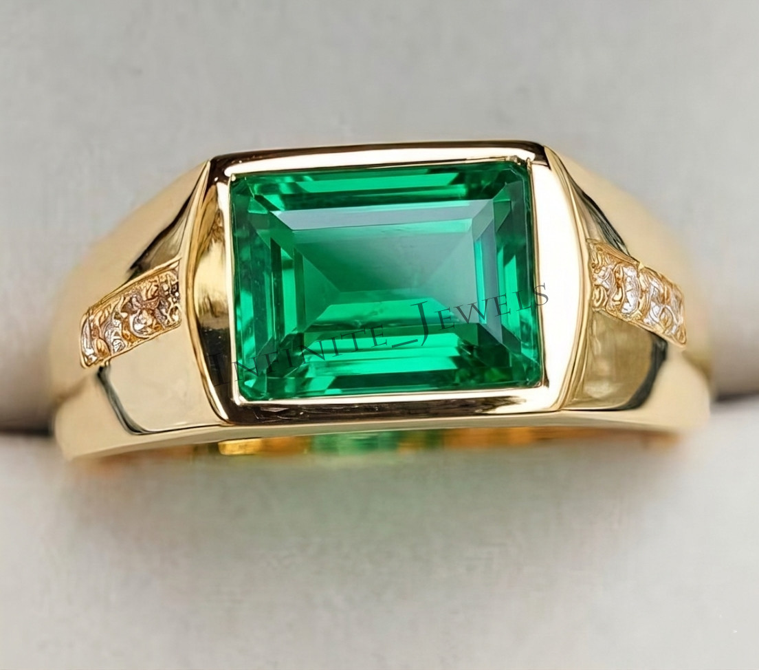 Men's Emerald Statement Ring Solid 925 Sterling Silver Ring Green Gemstone Ring