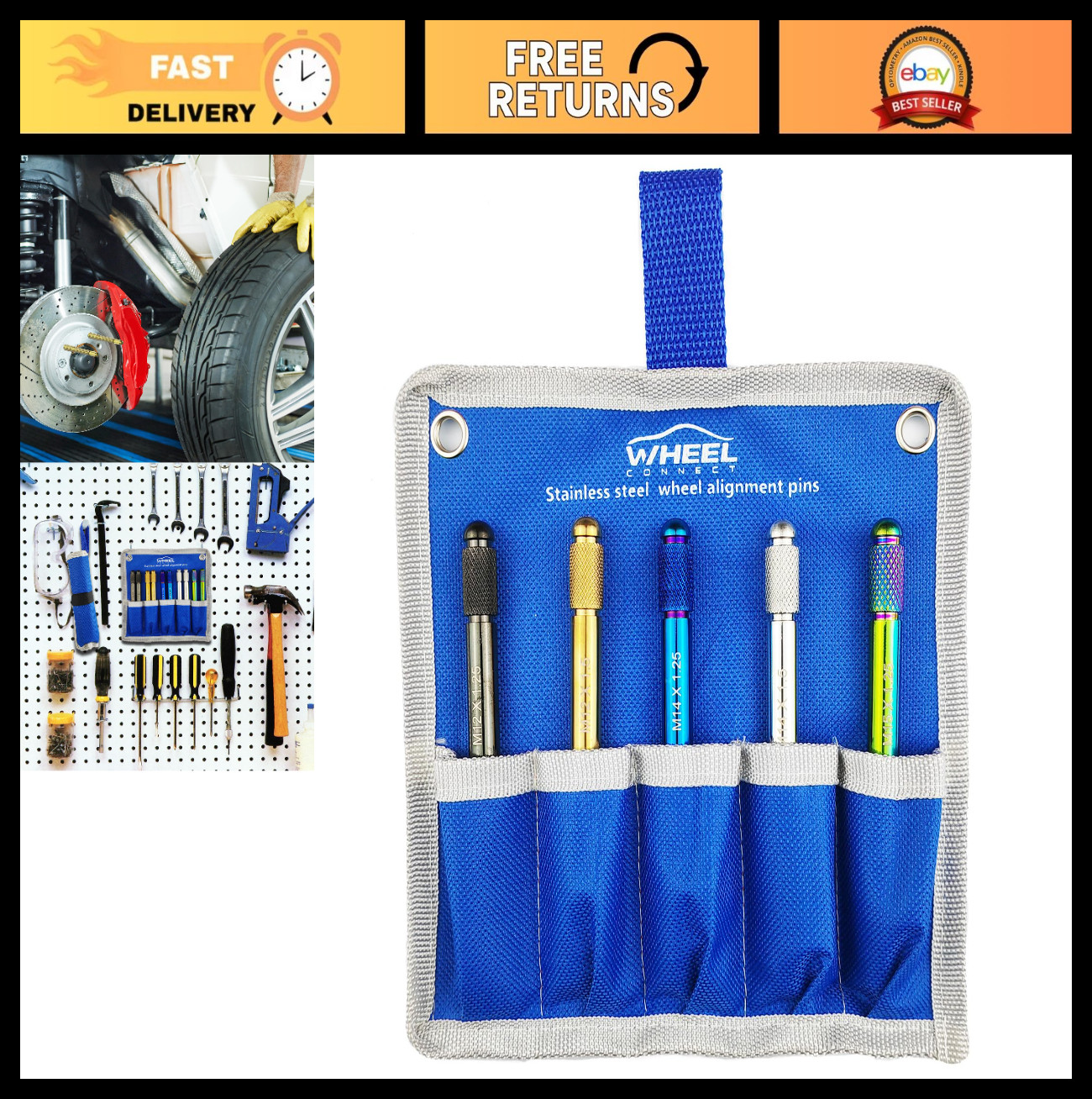 Wheel Alignment Pin Set - Stainless Steel Guide Studs & Rim Hanger, M12/M14/M15