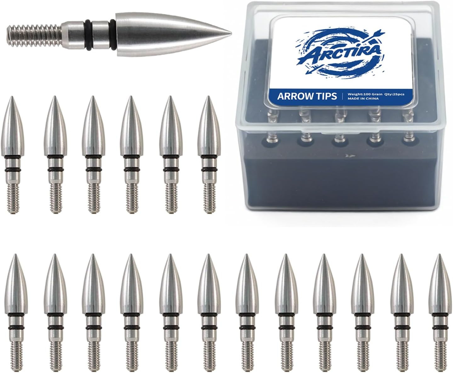 25 Pcs Archery Field Points 100/125 Grain Stainless Steel Arrow Tips with Case