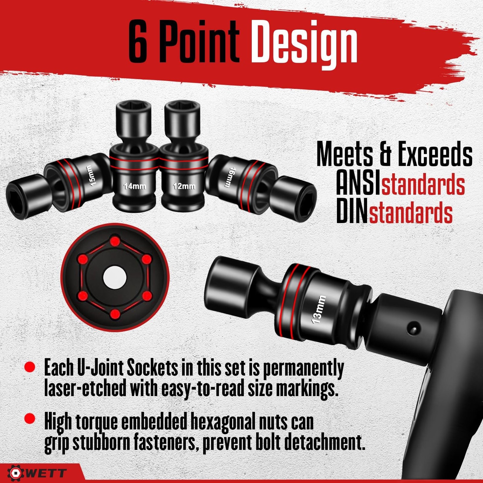 WETT 18-Piece 1/2" Drive Shallow Impact Universal Joint Socket Set,... Fast Ship