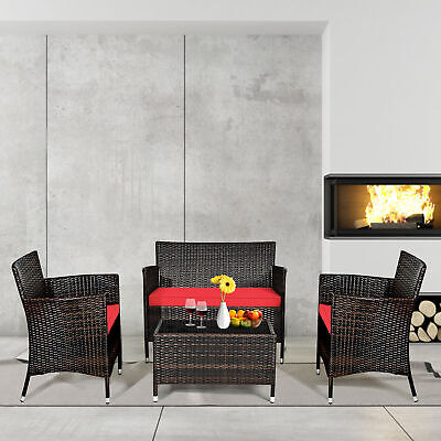 4PCS Patio Rattan Conversation Furniture Set Outdoor w/ Red Cushion