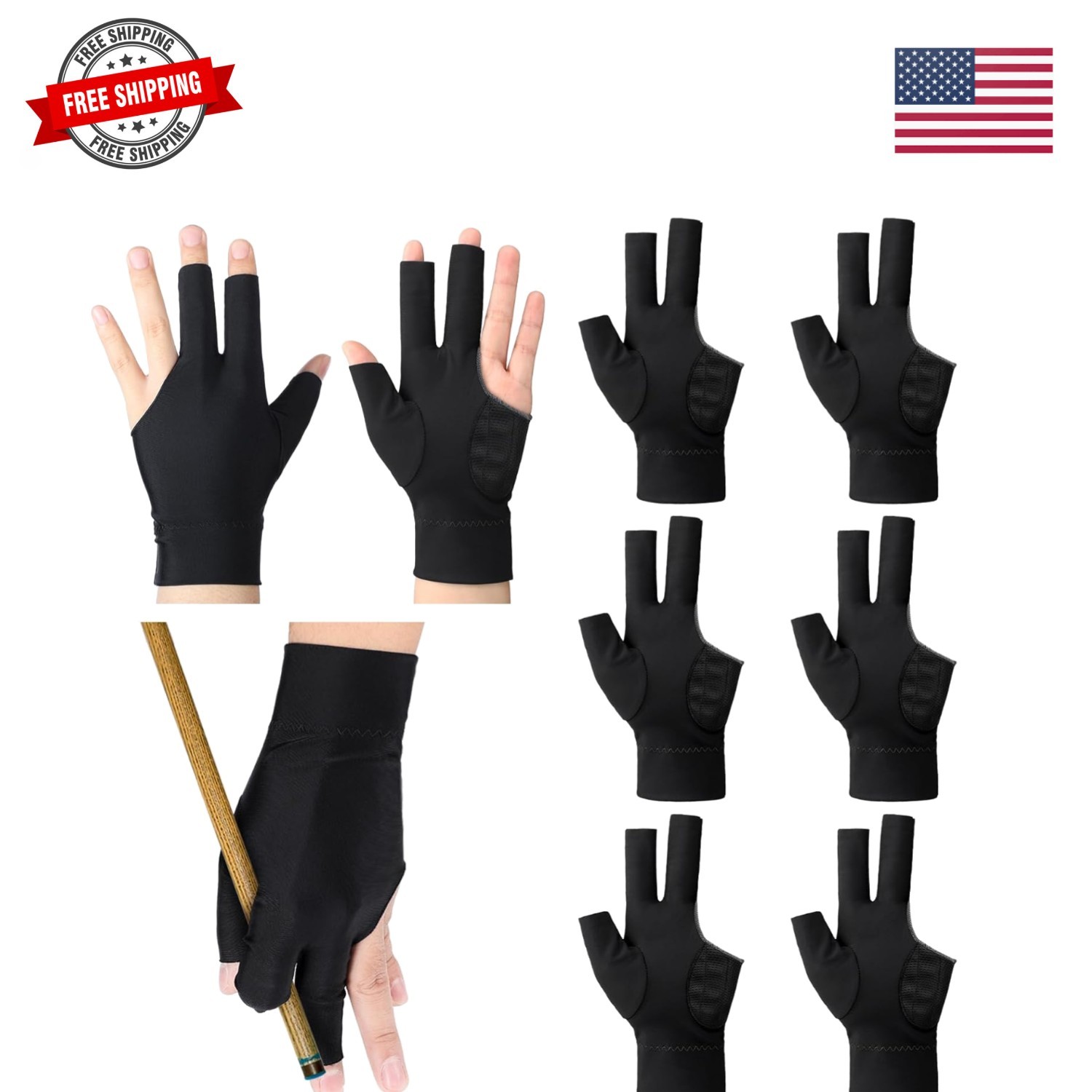 8 Pcs Billiard Pool Gloves Left Hand 3-Finger for Men & Women with Anti-Slip ...