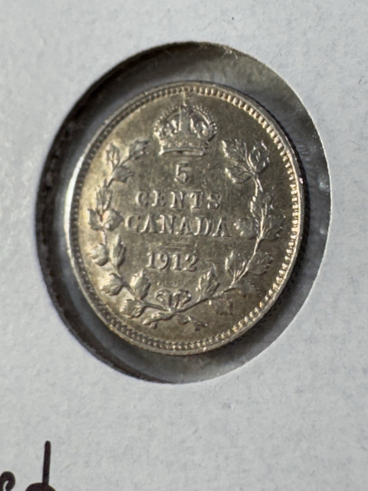 1912 Canada 5 Cents Silver Coin Cleaned