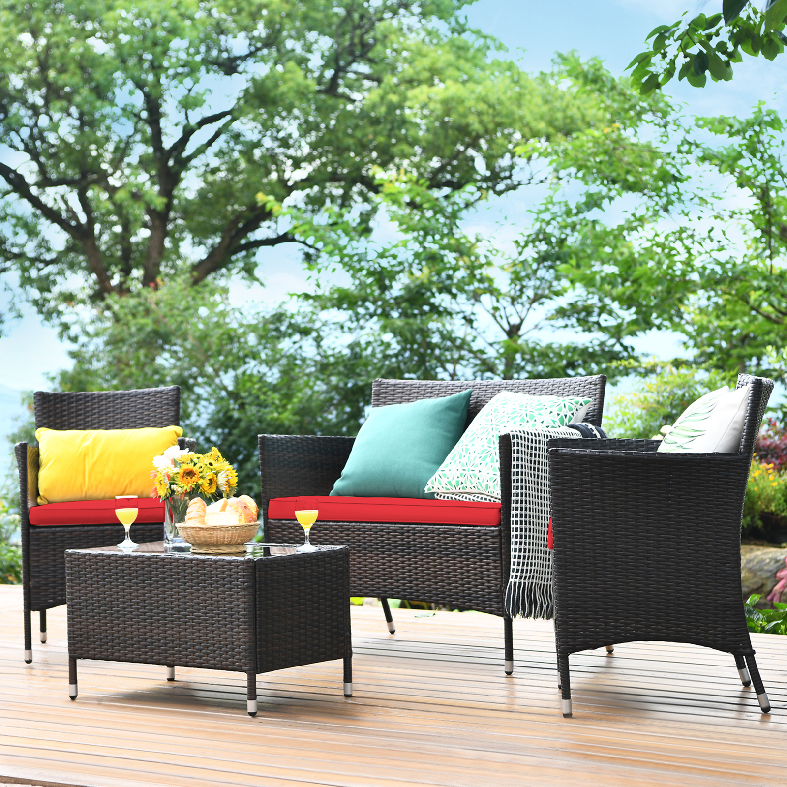 4PCS Patio Rattan Conversation Furniture Set Outdoor w/ Red Cushion