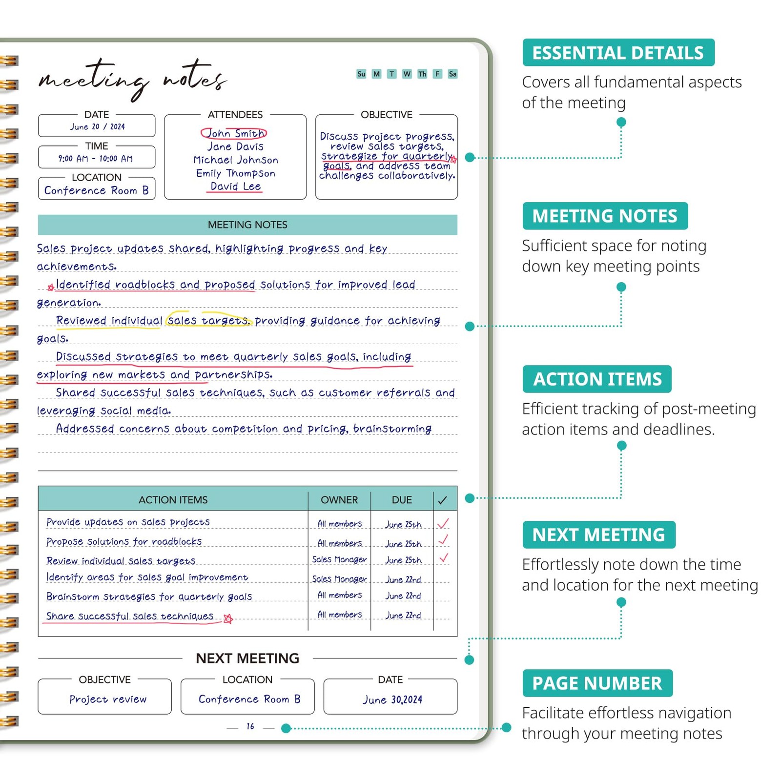 Taja Meeting Notebook for Work Organization - Work notebook with action items, M