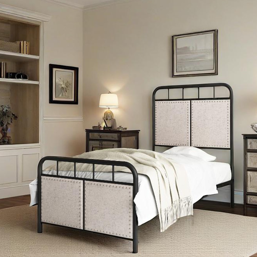 Twin Size Linen Upholstered Platform Metal Bed Frame with Fabric Headboard and