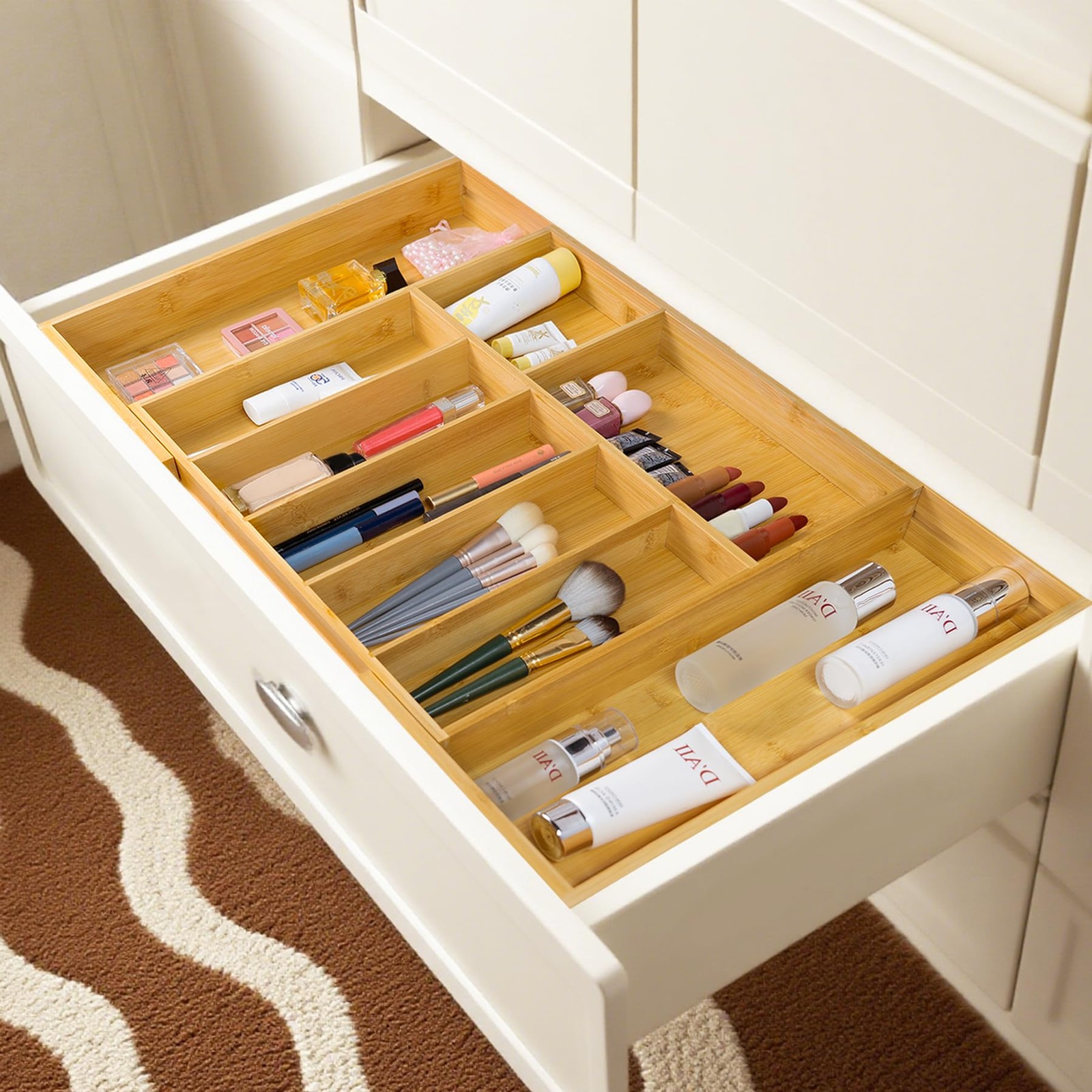 Utoplike Extra Large Kitchen Drawer Organizer, Solid Bamboo Natural