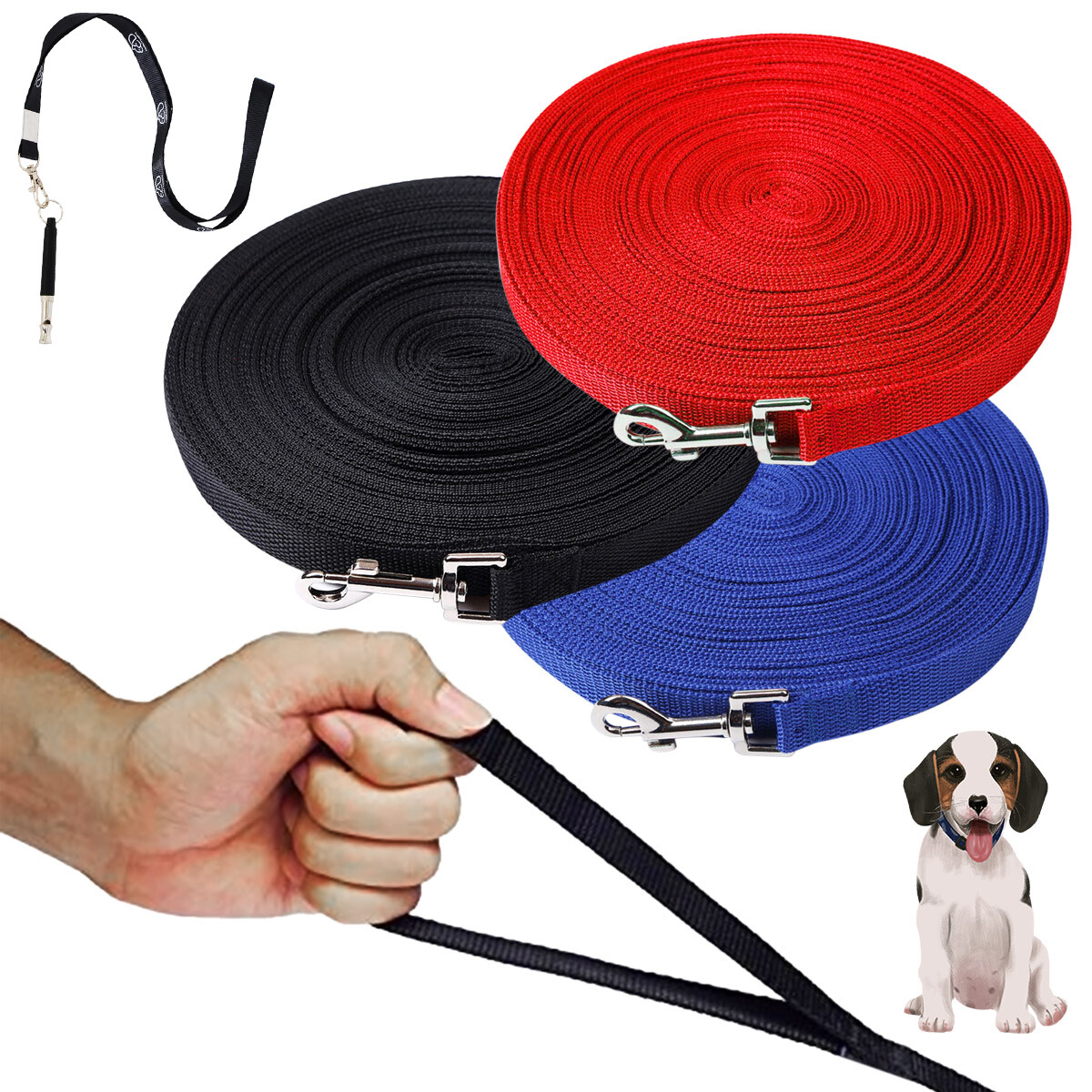 100Ft Dog Leash Long Obedience Recall Foot Feet Training Lead + Training Whistle