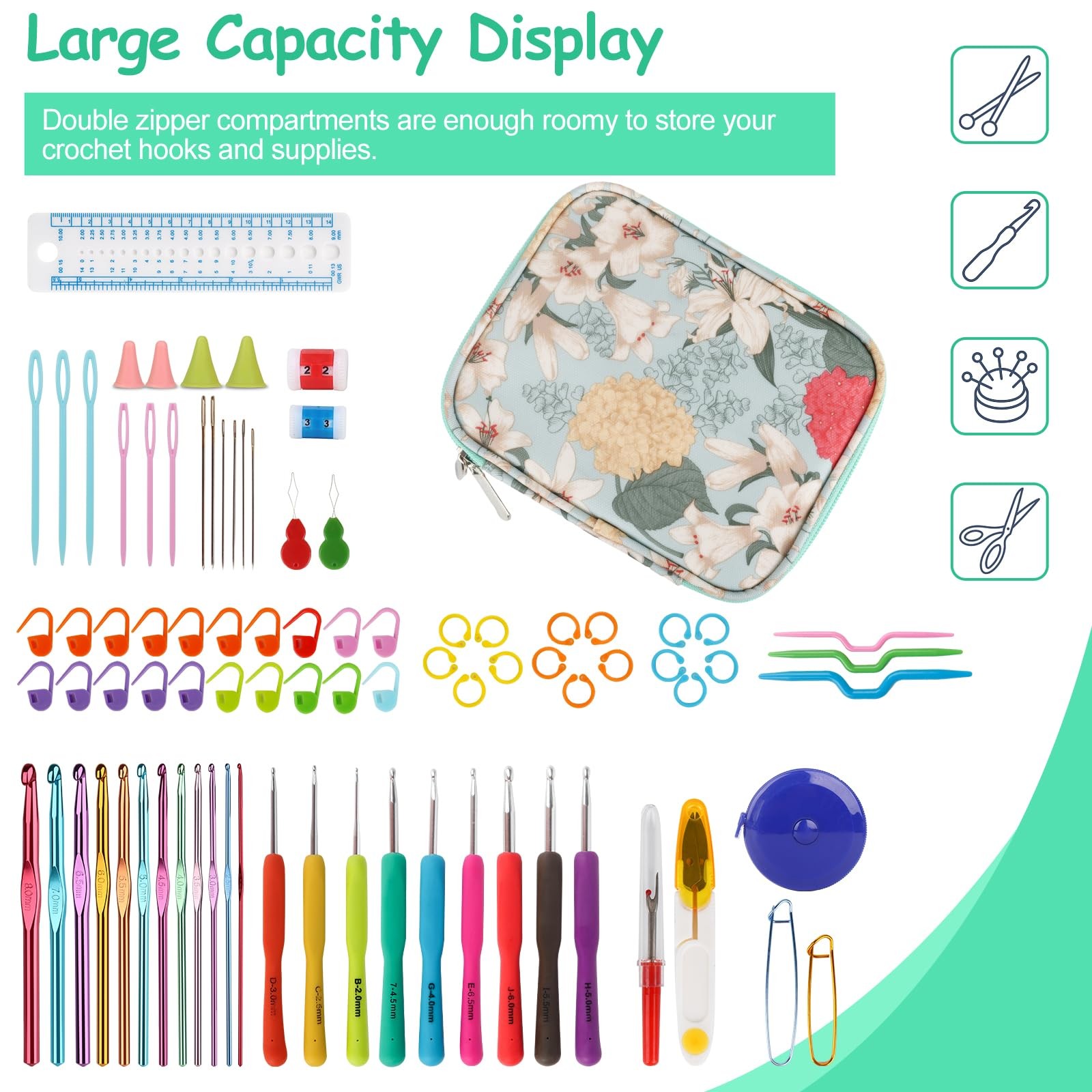 Crochet Hook Case Empty Zipper Bags Organizer Web Pocket Light Blue Storage
