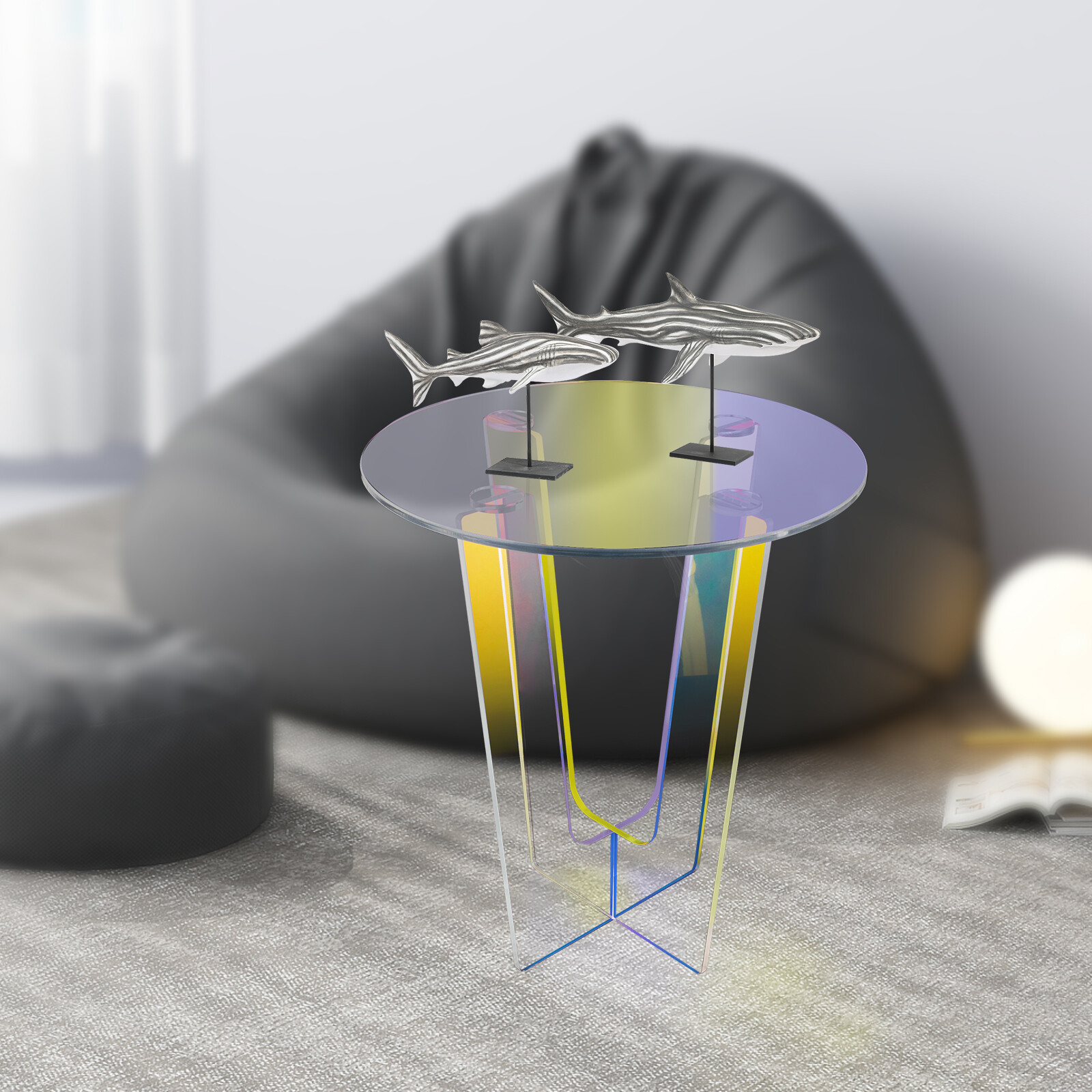 Round Rainbow Side Table Acrylic End Table Iridescent   Coffee Table 17.7*20.3in