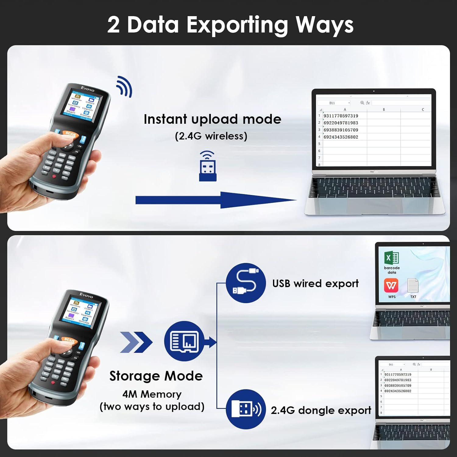 2.2in 1D 2D QR Wireless Barcode Scanner Data Collector Terminal Inventory Device