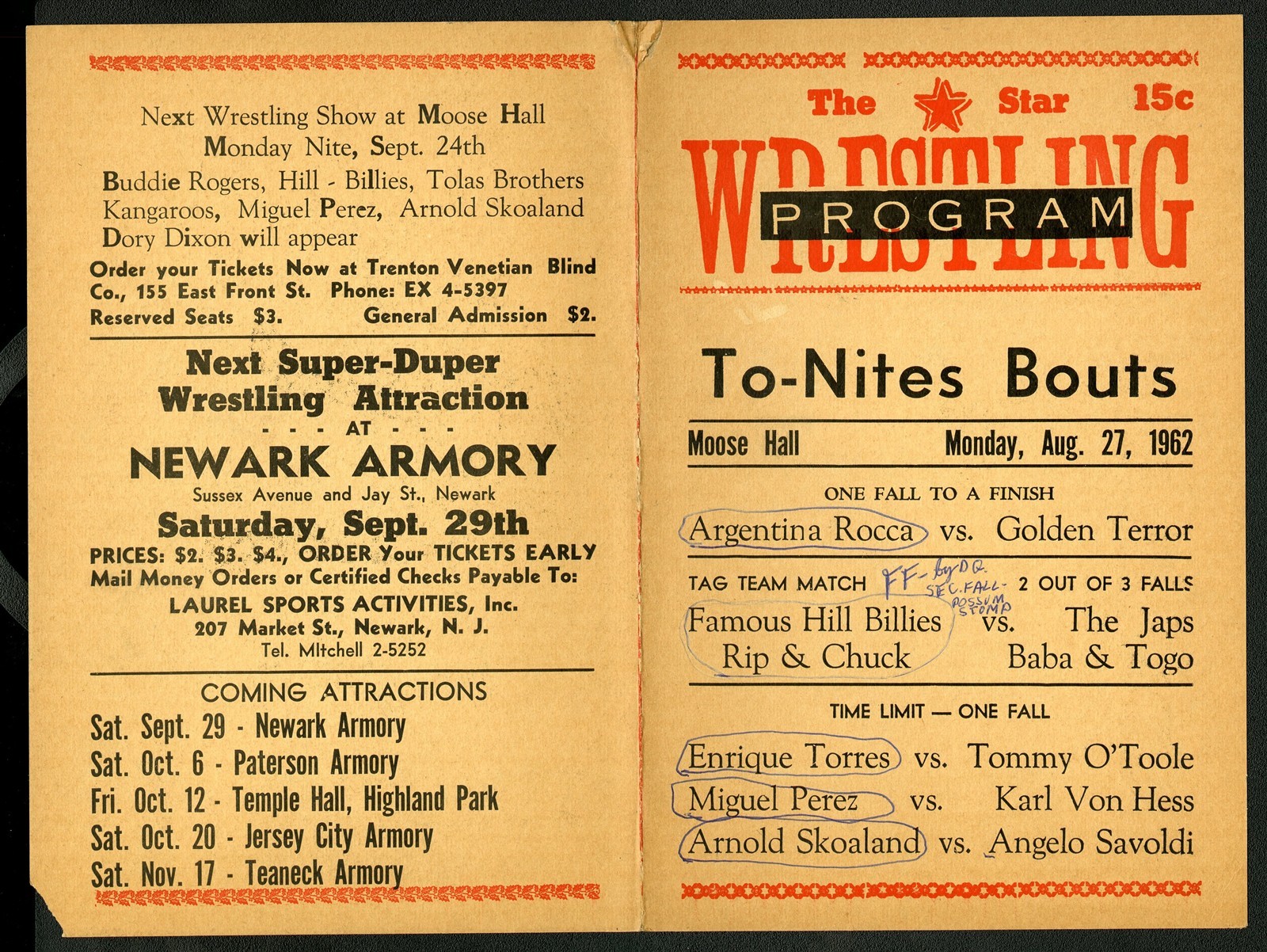 The Star Wrestling Program Pamphlet August 1962 Rocca-Torres-Skoaland *WP291