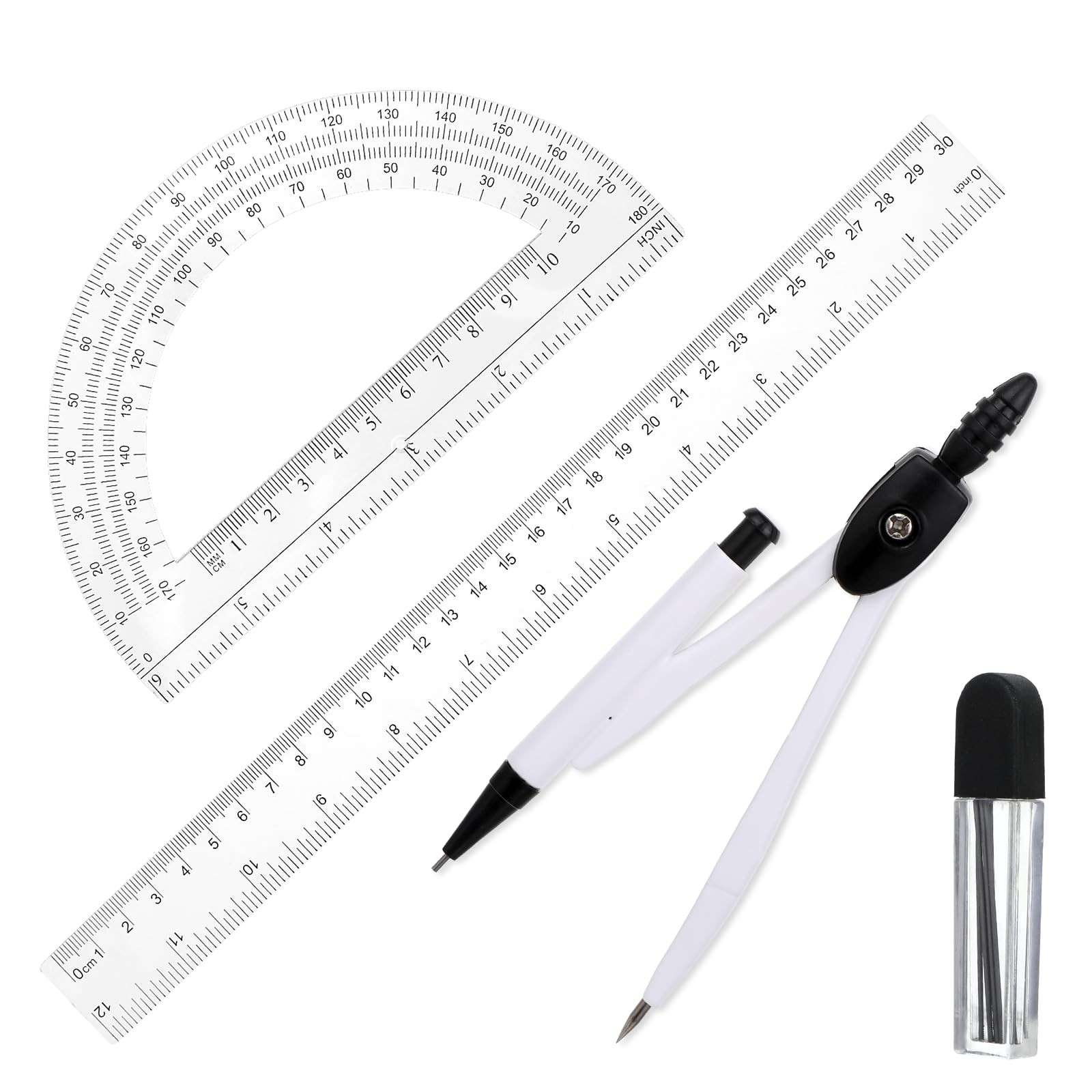 3 Piece Geometry Set Compass Protractor and 12 Inch Ruler