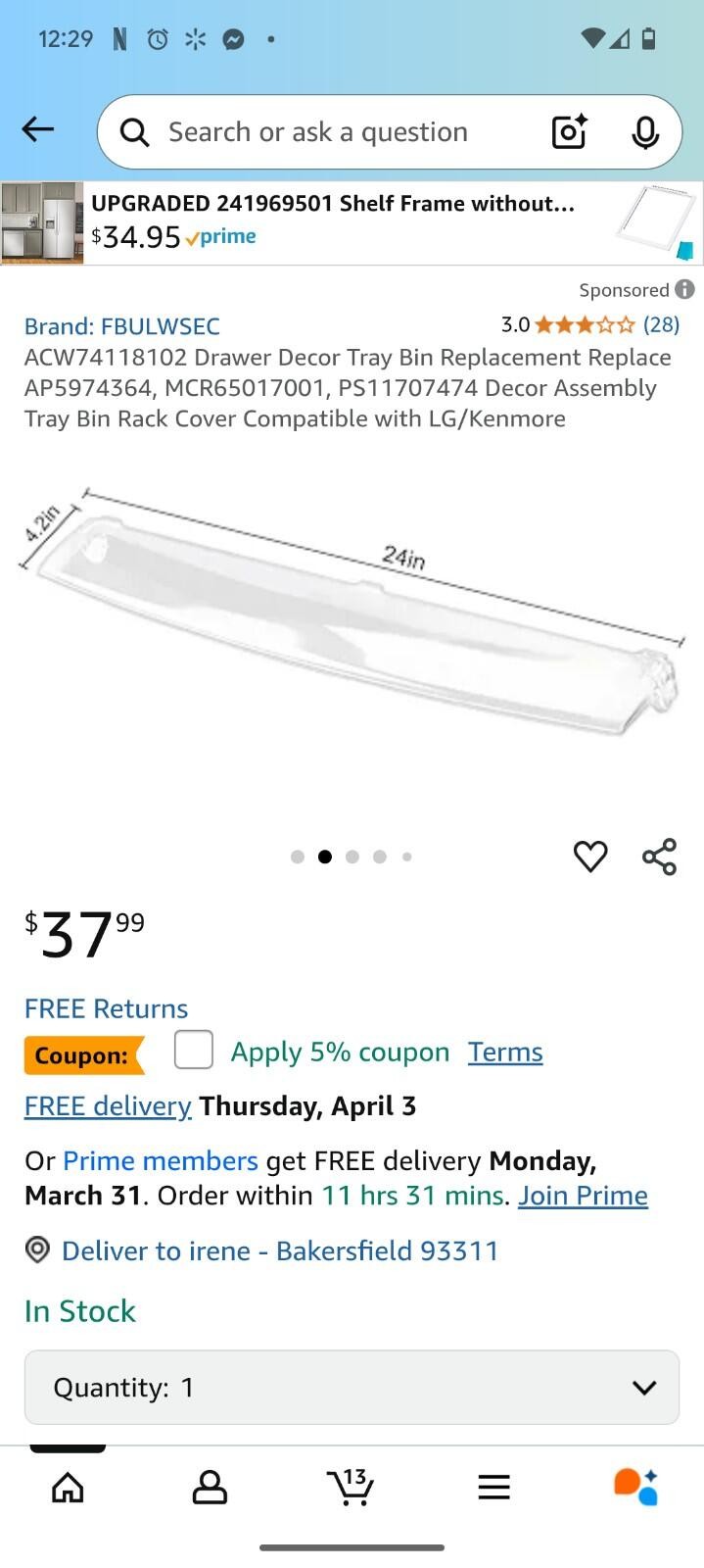 ACW74118102 Drawer Decor Tray Bin Replacement Replace AP5974364,