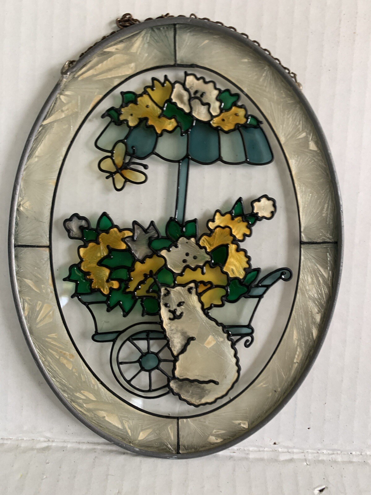 Vintage Textured Glass Cat w/ Flower Cart Sun Catcher Oval 7"X5.5"