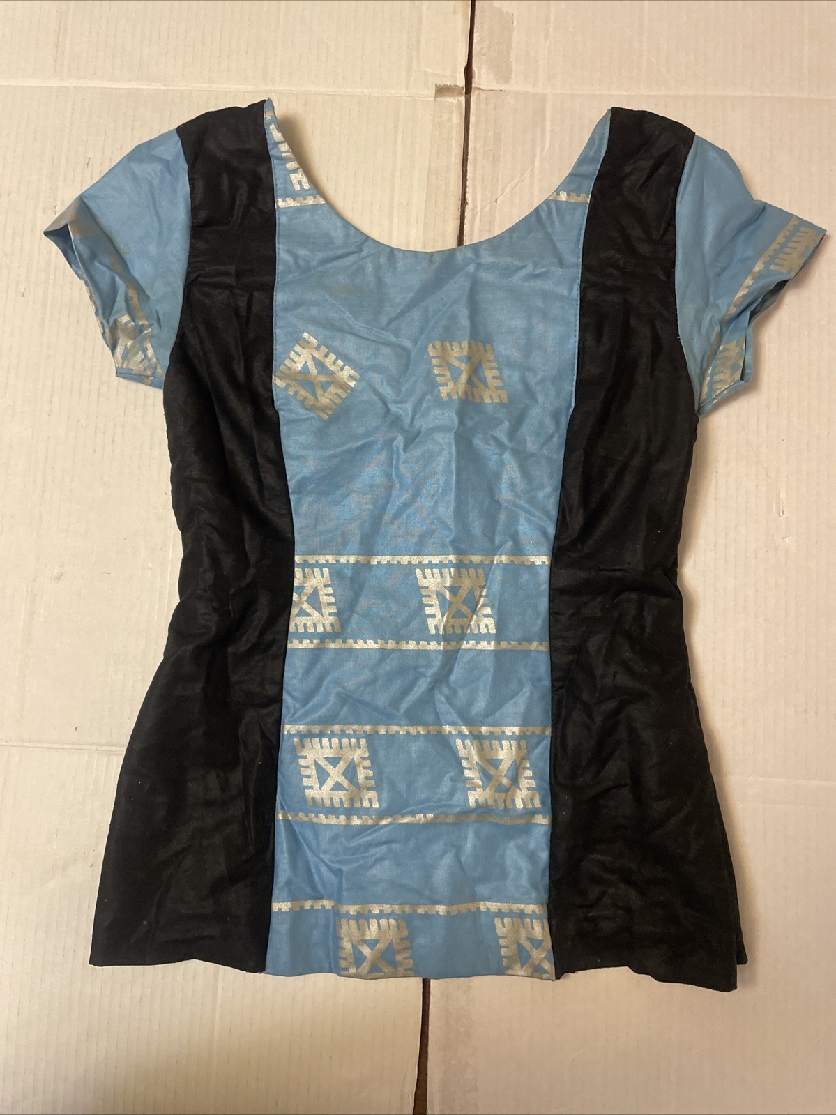 Homemade African Blue Black Wax Short Sleeve Shirt Back Zip
