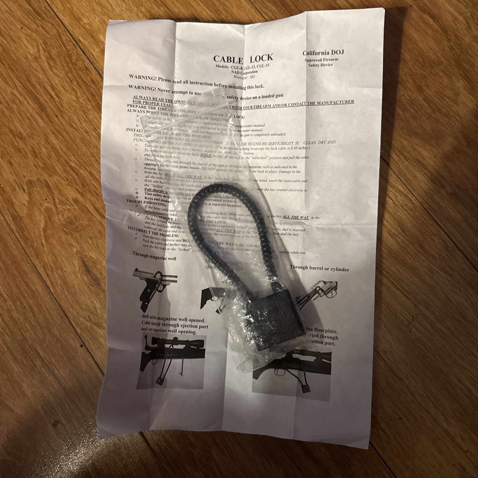 Cable Gun Lock CGL-8 CGL-13 CGL-15 NAD Corp 2 Keys