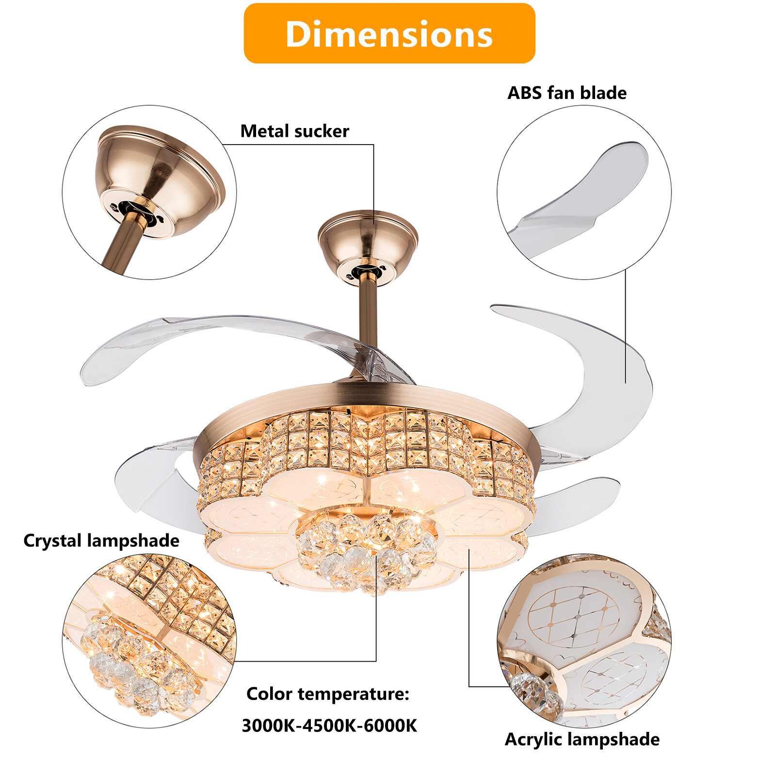 6-Speed Dimmable Golden Fan Ceiling LED Light Chandelier Lamp w/Remote Control