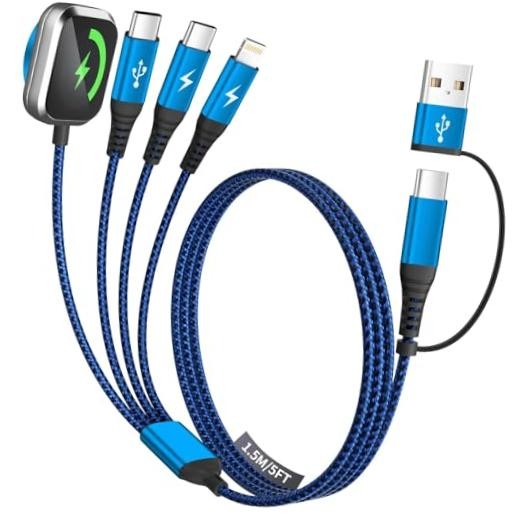 Multi Charging Cable for iPhone Watch Charger, 4 in 2 USB A/C 1PCS&5FT 1 Blue