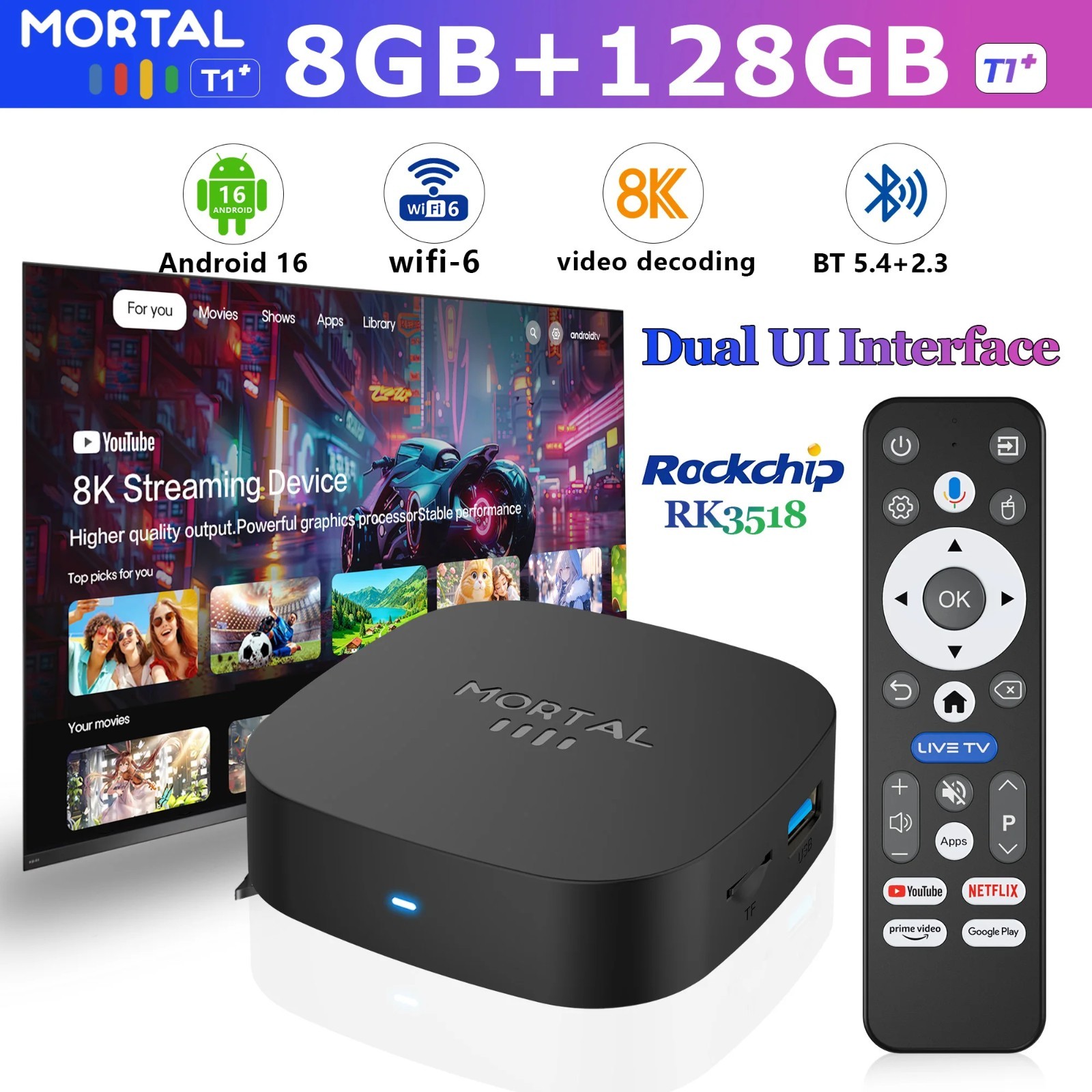 Smart TV Box 2026 T1+  Android 16 | 8K Streaming Media Player | 8GB 128GB WiFi6