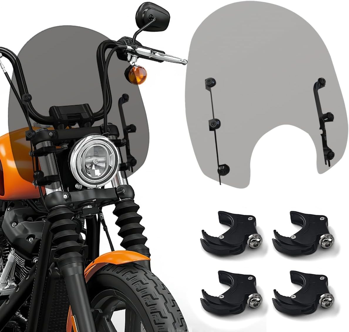 Motorcycle Windshield with Quick-Release Fork Clamps for Harley Street Bob FXBB