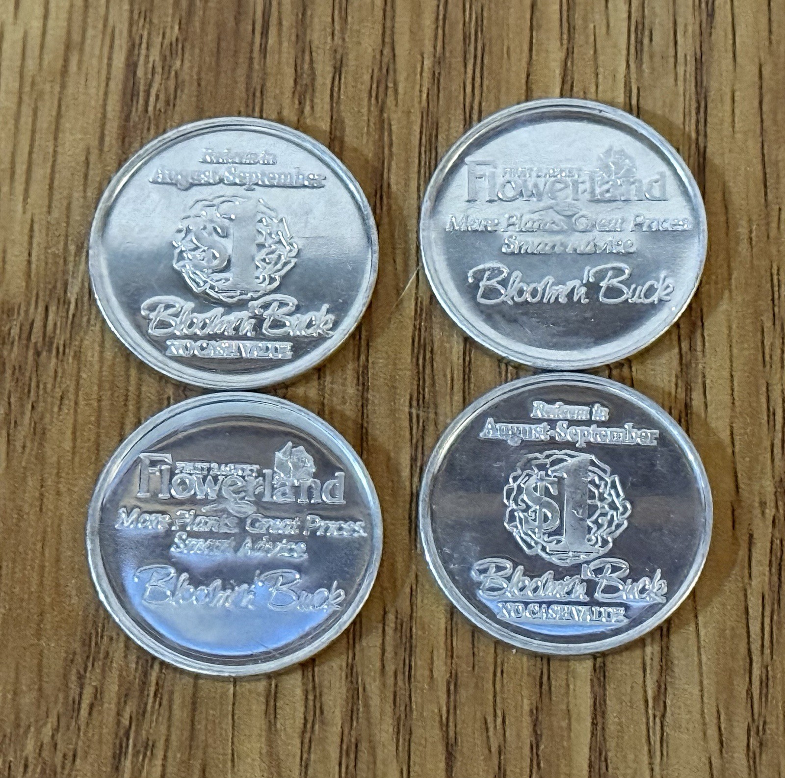 4 Vintage Flowerland Token Bloomin’ Buck $1 Coin No Cash Value Fruit Basket