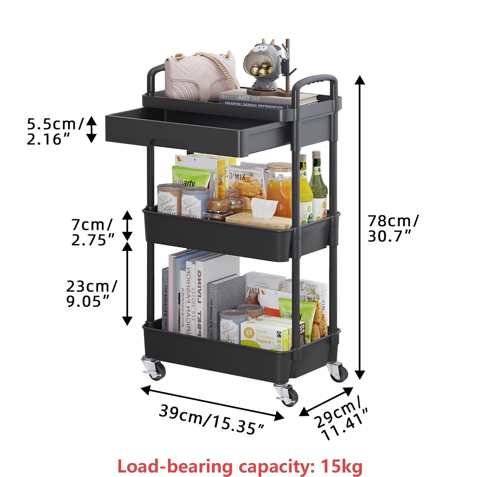3-Tier Rolling Utility Cart with Drawer,Multifunctional Storage Organizer wit...