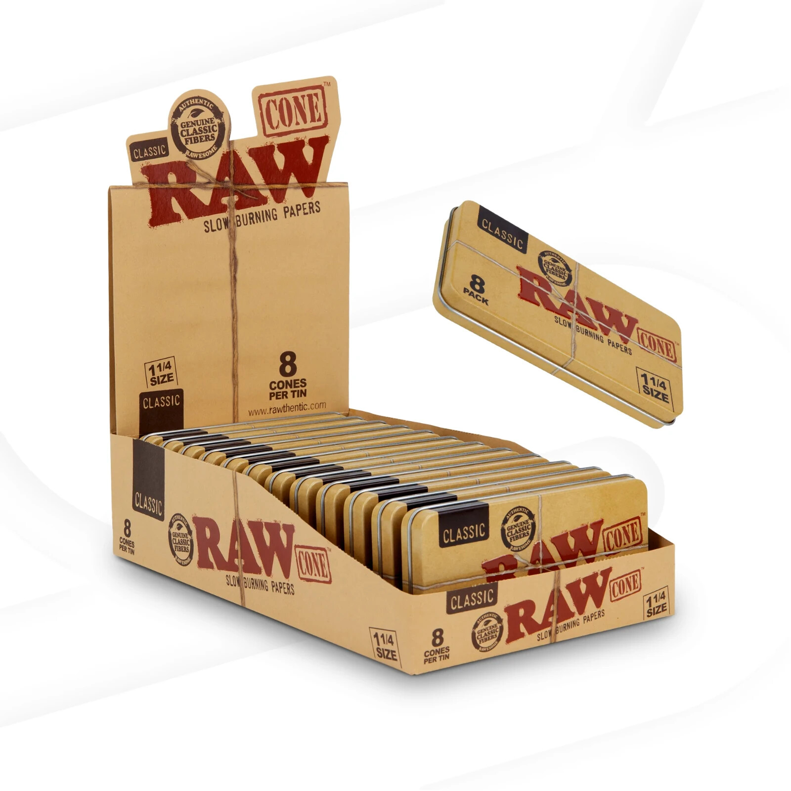 RAW Classic 1 1/4 Cone Tin Full Box, 96 Pre-rolled Cones