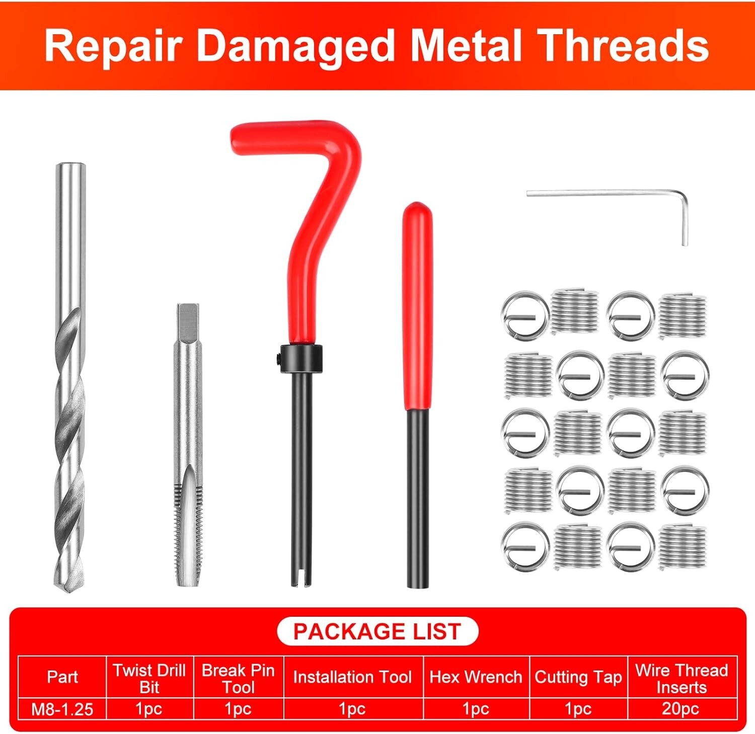 M8 x 1.25 Thread Repair Tool Stainless Helicoil Wire Insert Kit 25PC