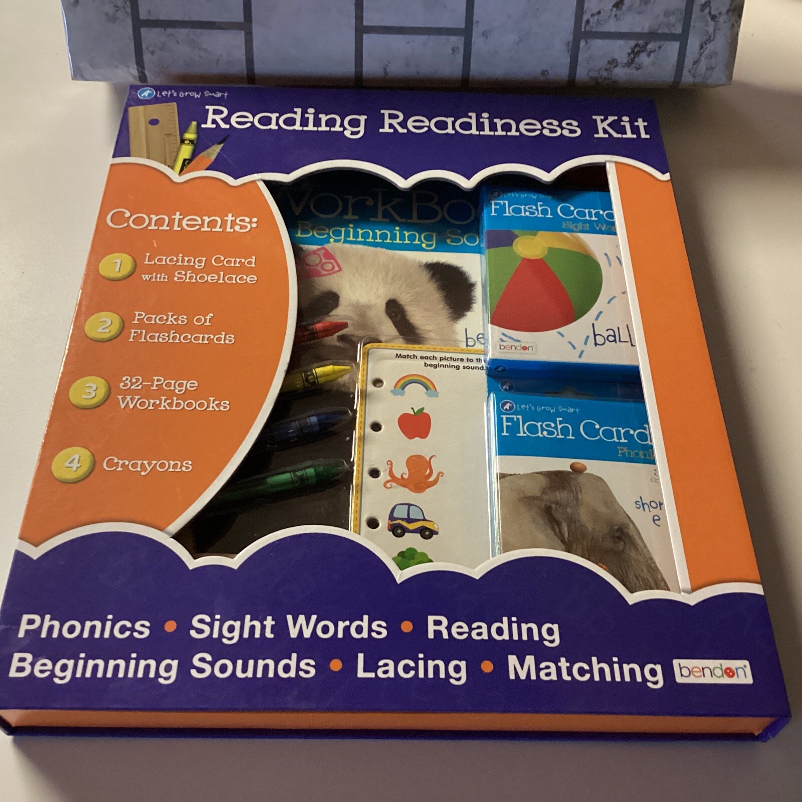 Reading Readiness Kit Bendon  3 Workbooks, Crayons, Flash Cards Lacing Card, NIB