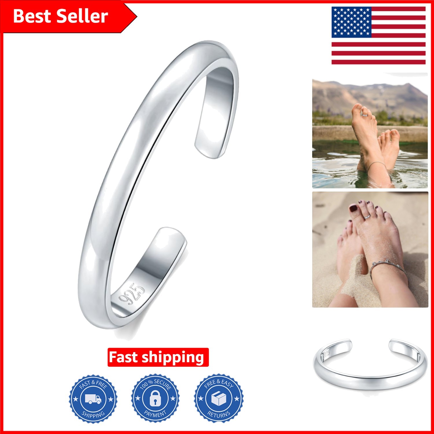 Dainty Waterproof Toe Ring - 14K Gold Plated 925 Sterling Silver Women’s Jewelry