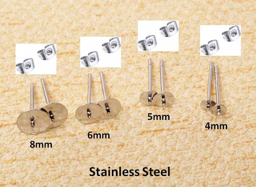 4 Pairs Stainless Steel Flat Earring Posts StickOut Point Findings w/Push Back