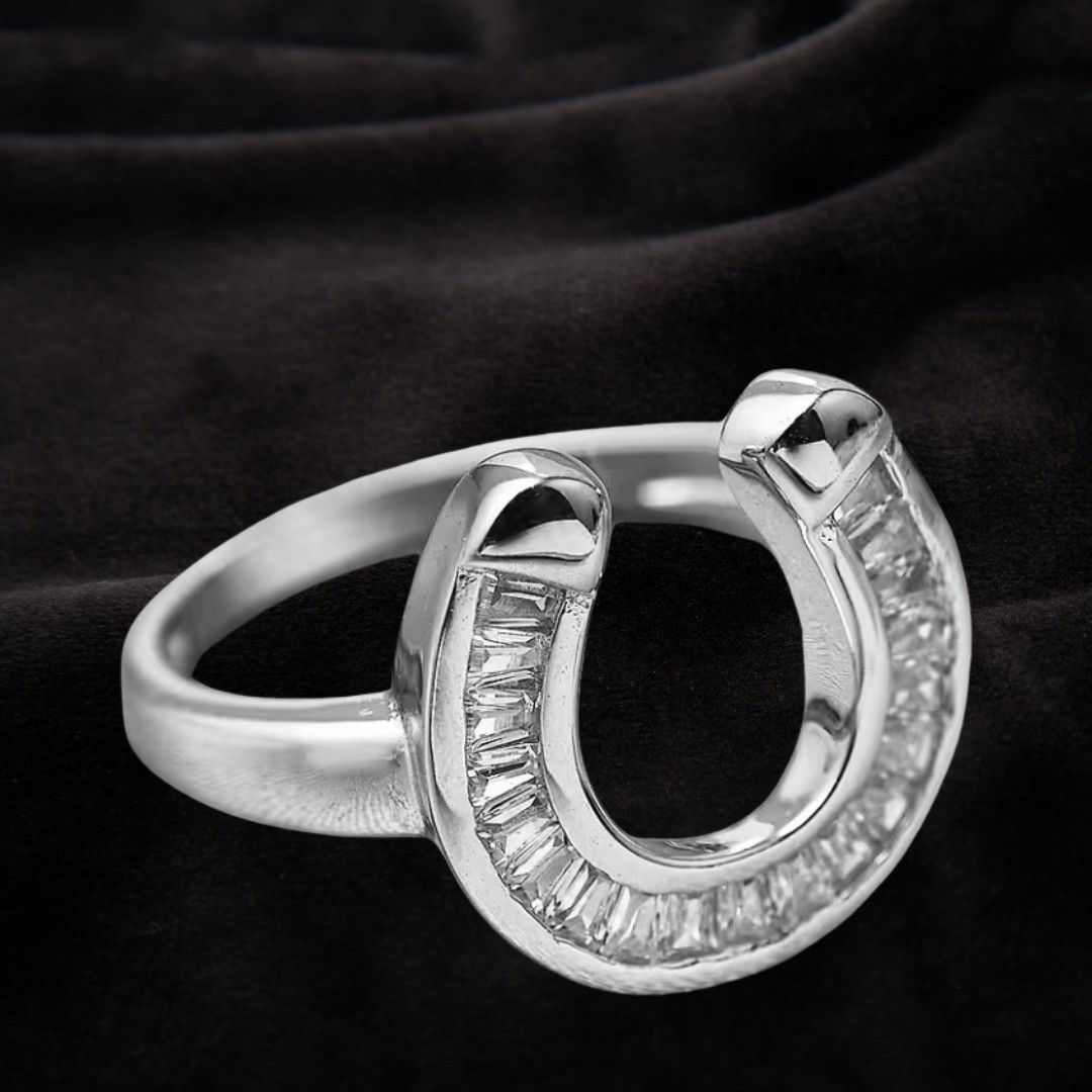 Stunning Rhodium Plated Sterling Silver Cubic Zirconia Horseshoe Ring
