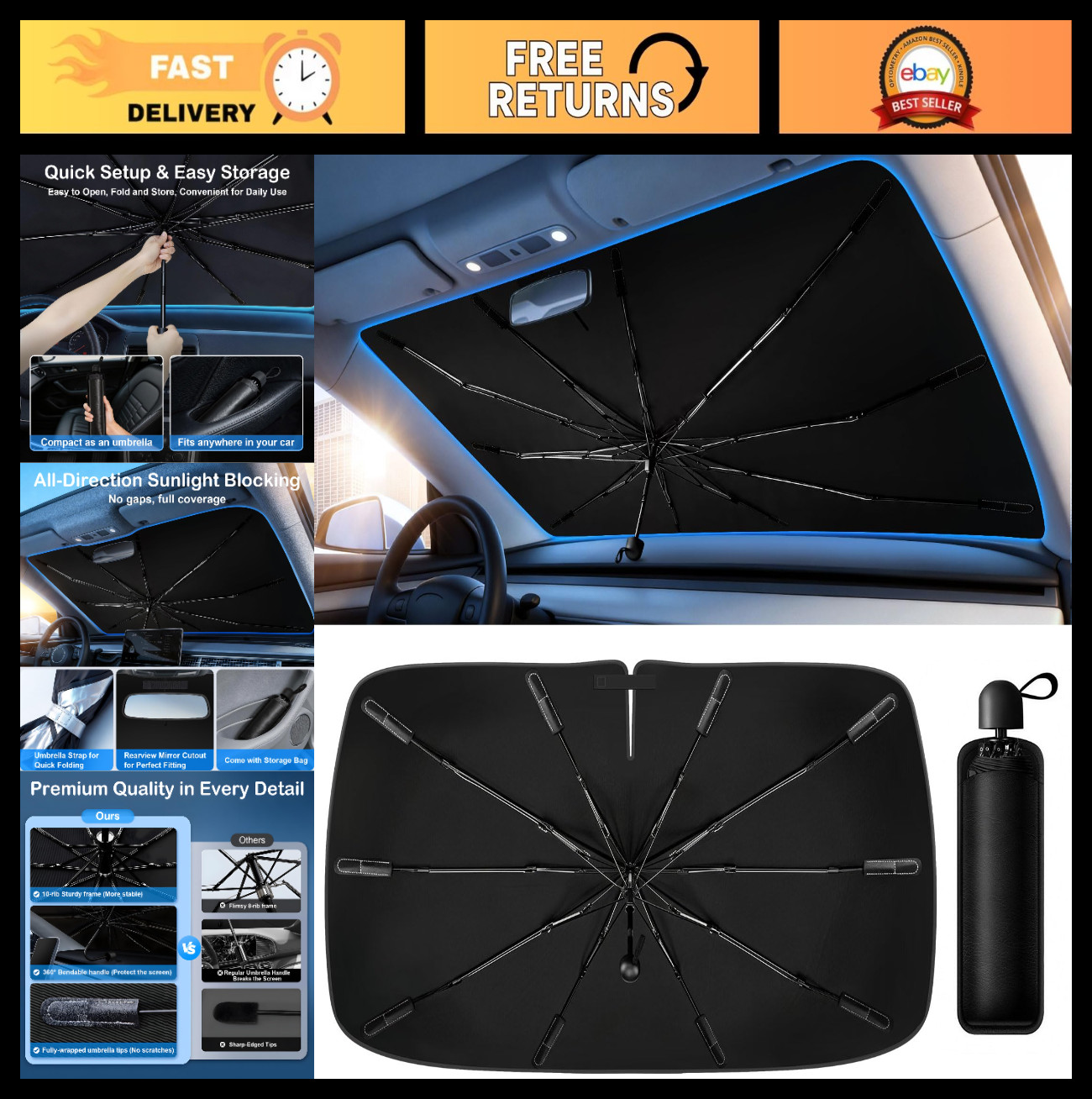 Foldable Windshield Sun Shade Umbrella - UV & Heat Insulation Cover 56"x31" for
