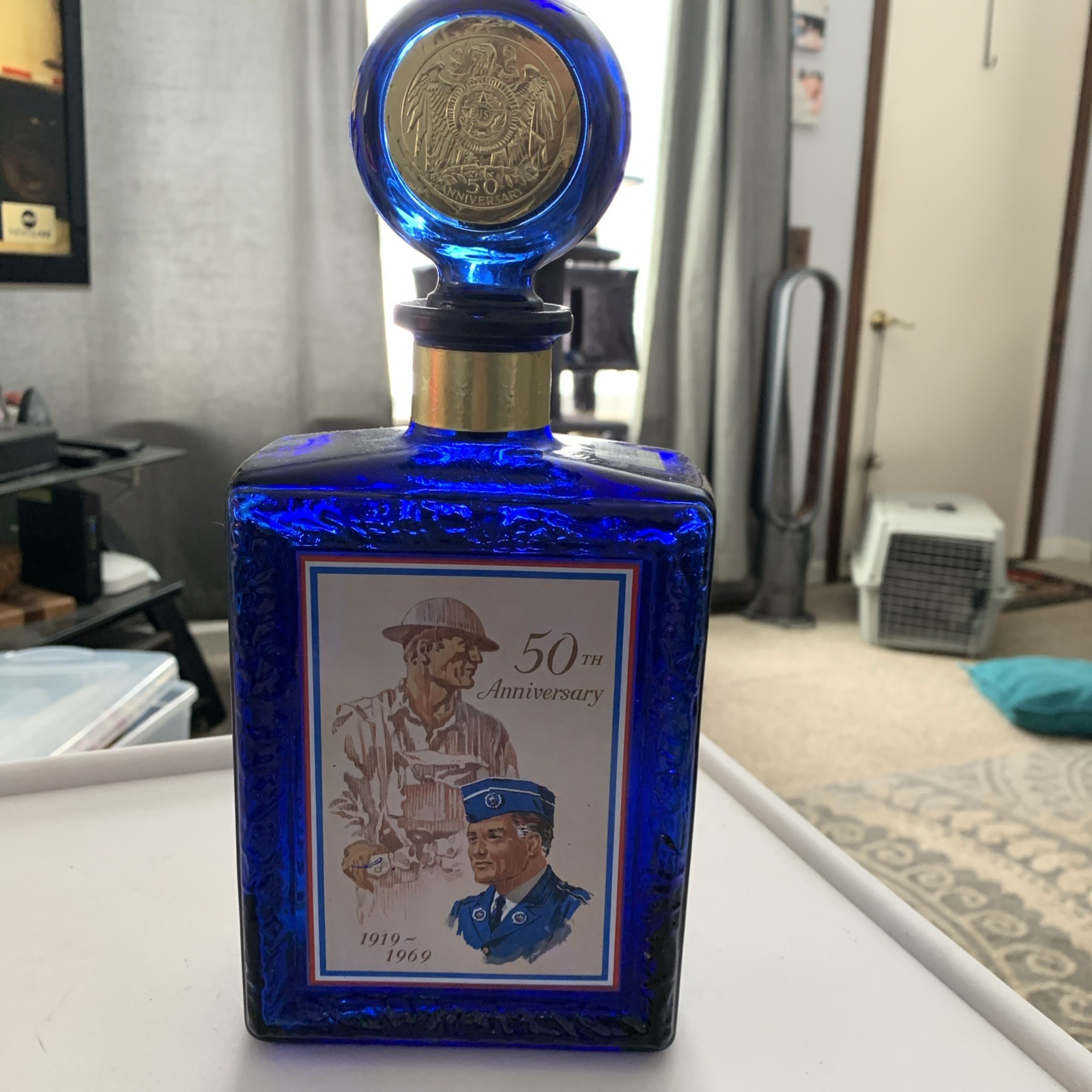 J.W.Dant American Legion 50th Anniversary Cobalt Blue Decanter 10.5" Tall (T)