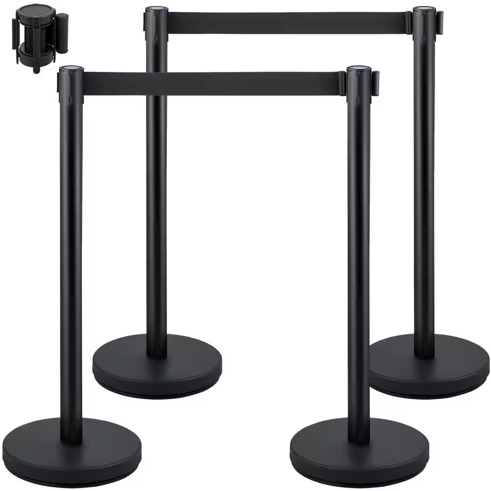 Crowd Control Stanchion Set of 4 Pieces 6.6 Ft. Black Retractable Belt Steel Sta
