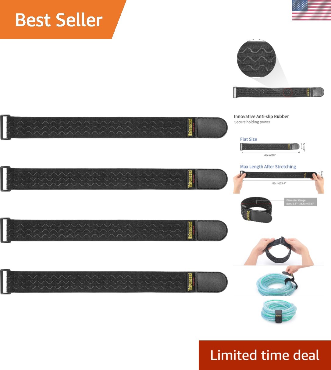 Versatile 18-Inch Elastic Cinch Straps with Anti-Slip for Secure Bundling - 4...