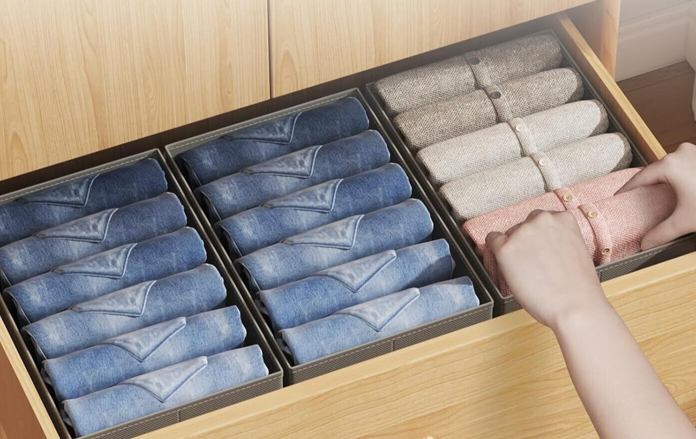 4Pk Foldable Bins - Fabric Divided Clothes Organizer, 6 Compartment