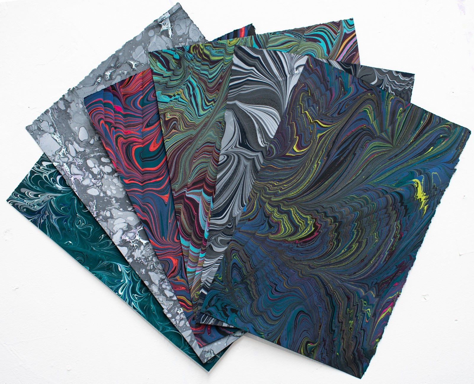 Lot of Six Half Sheets of Handmade Marbled Papers - 230 gsm