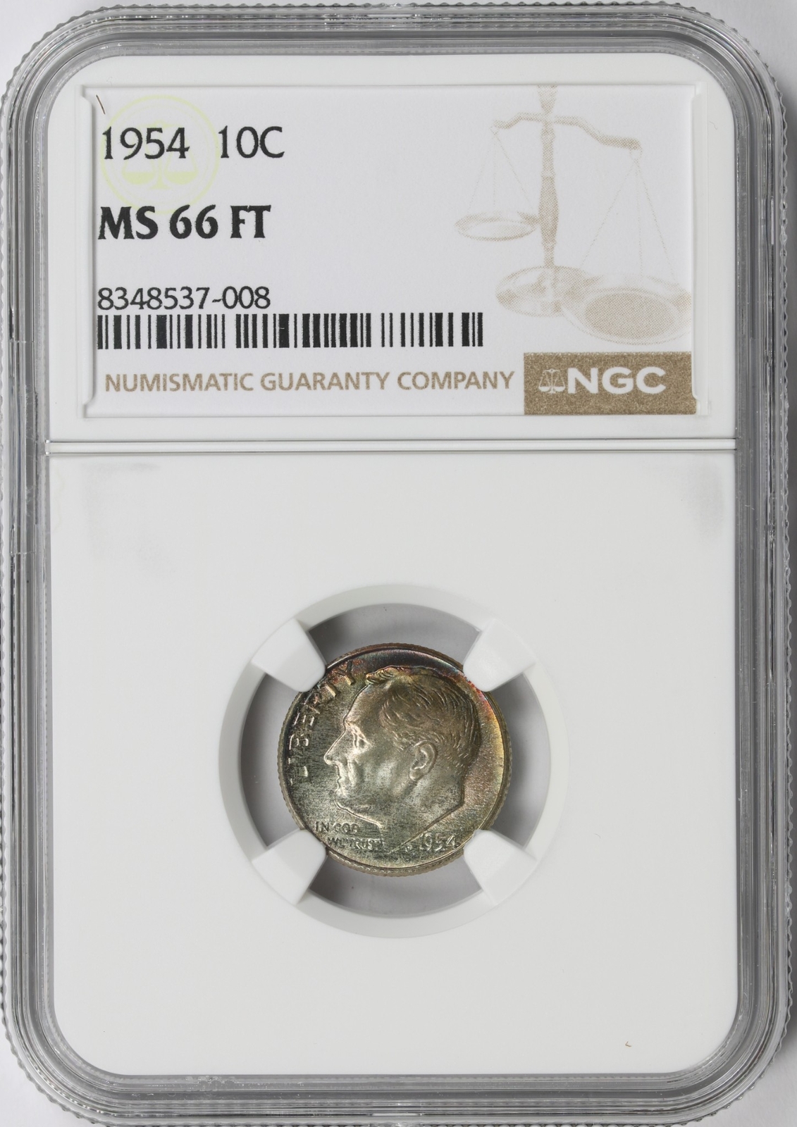 1954 10c Roosevelt Silver Dime NGC MS66 FT Color Toning