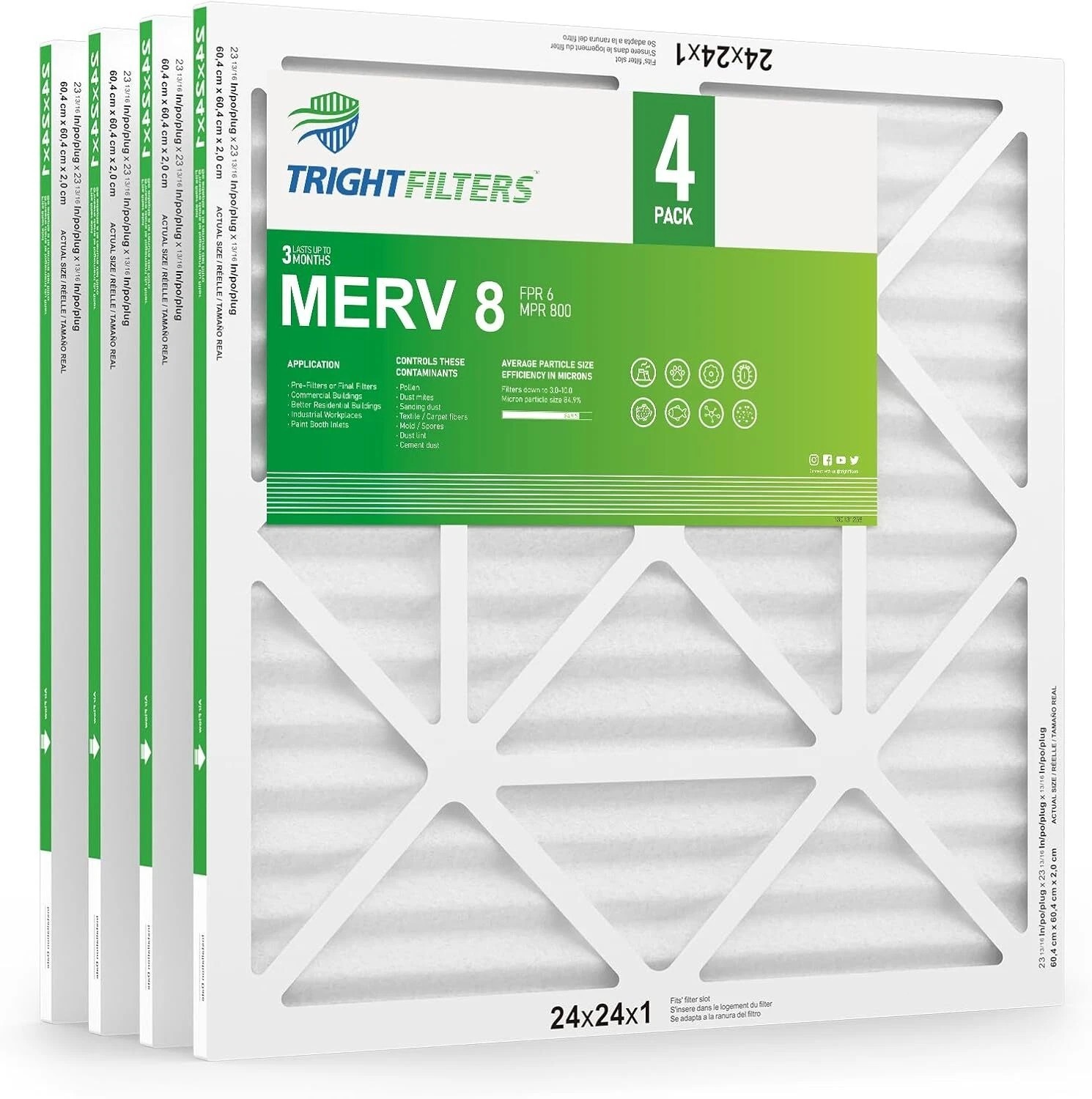 Trightfilters 24x24x1 MERV-8 Air Filter Pleated for Home HVAC AC Furnace - 4pac