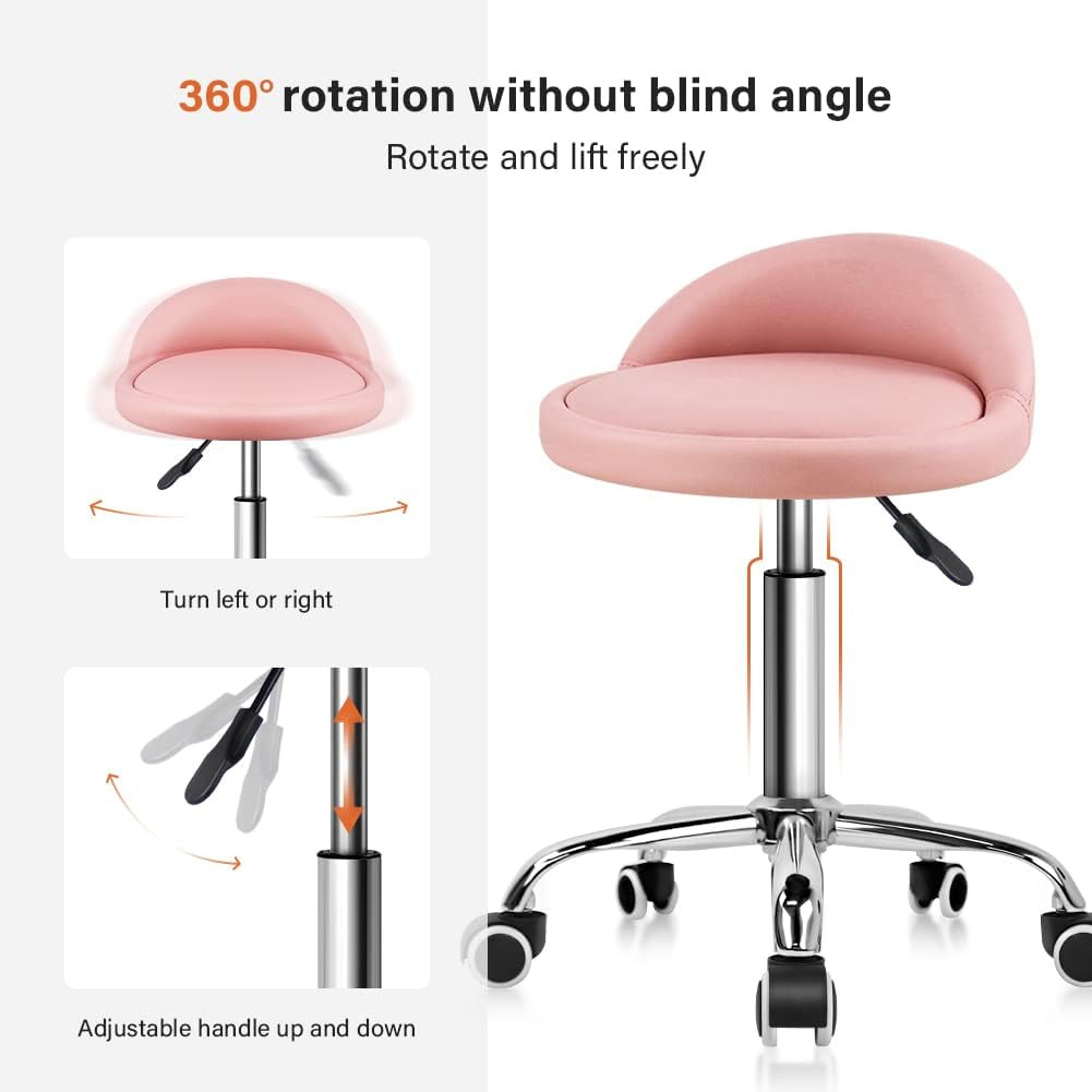 PU Leather round Rolling Stool with Back Rest Height Adjustable Swivel Drafting
