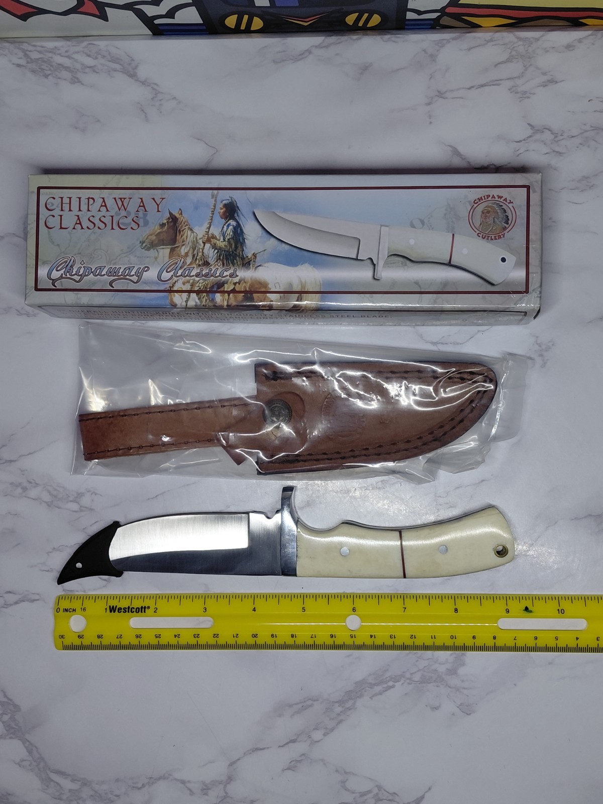 Chipaway Classics 9" Steel Hunting Knife W/Bone Handle + Leather Sheath