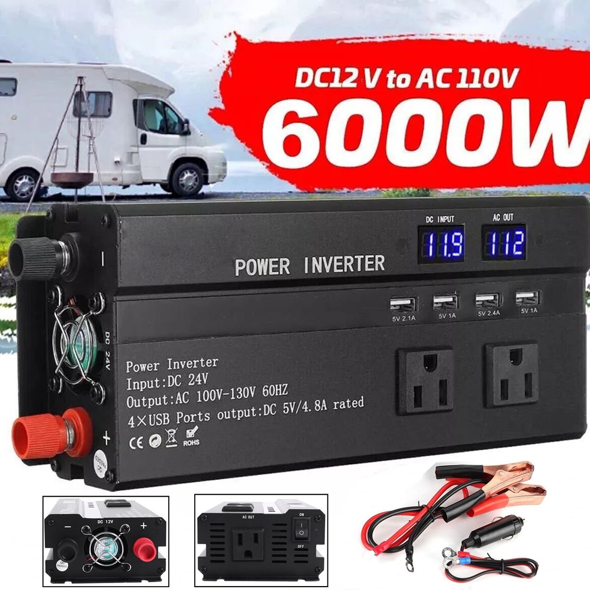 LCD Car Power Inverter DC 12V To AC 110V Pure Sine Wave Solar Converters 6000W
