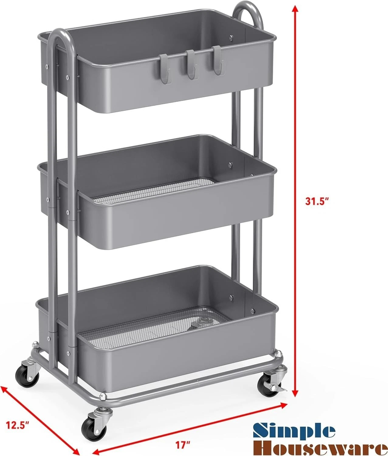 3-Tier Heavy Duty Metal Utility Rolling Cart, Silver